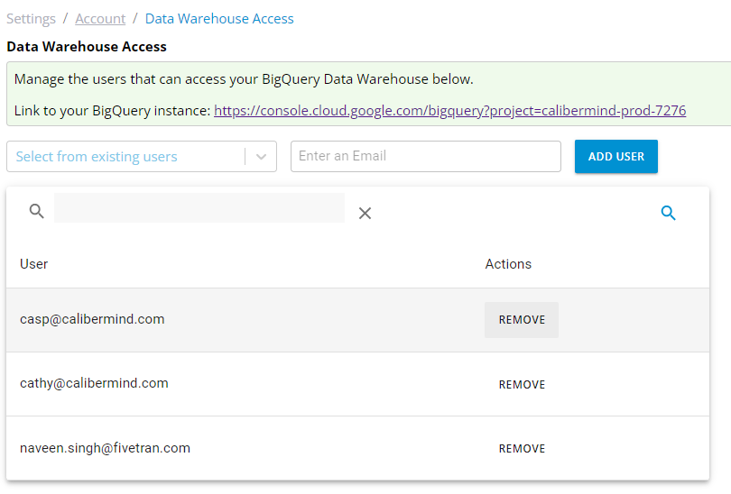 Under the CaliberMind Actions menu, click on the Remove button to revoke access from a user