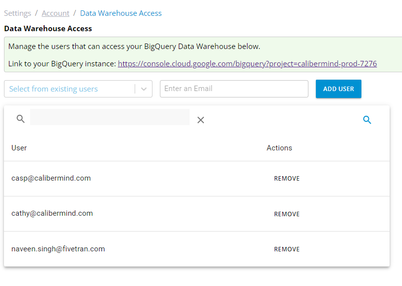 CaliberMind displays list of users with access to the Data Warehouse