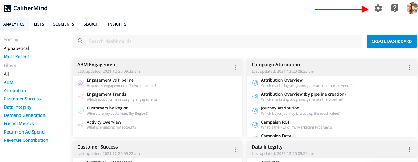Navigate to CaliberMind Settings Cog