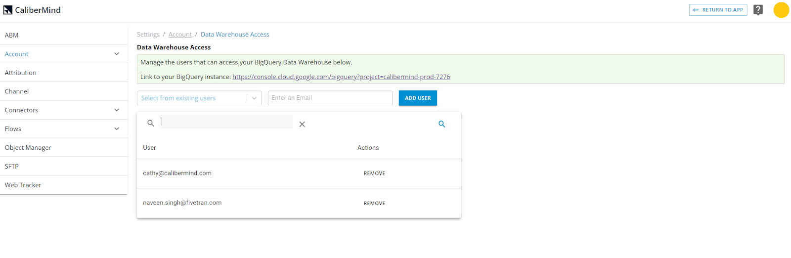 CaliberMind Data Warehouse Access settings